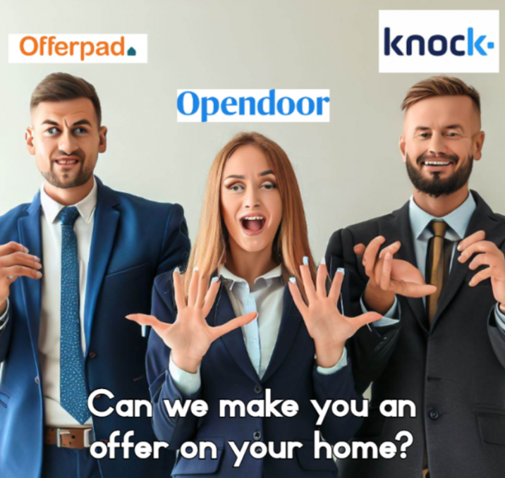 three real estate agents that are ai generated labeled after offerpad, opendoor, and knock, ask " may we make you an offer on your home?"