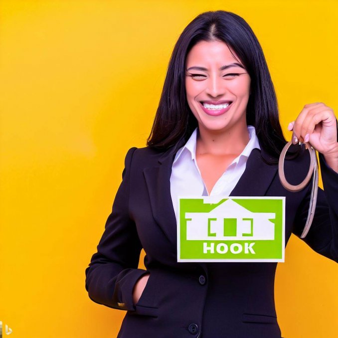 Knock real estate agent holding some kind of cord while with a green sign