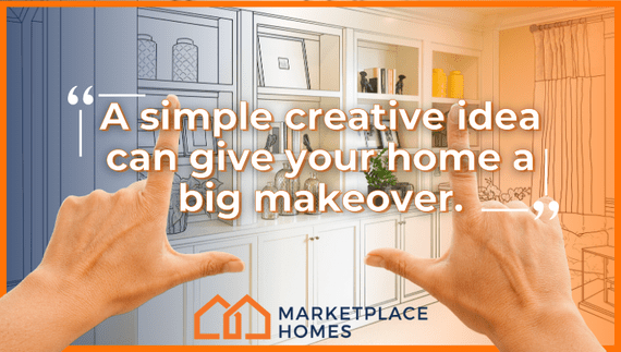 Photo of hands pointing at a half sketched, half realistic wall shelving unit. Text on image reads "A simple creative idea can give your home a big makeover." High ledges have many decorations.