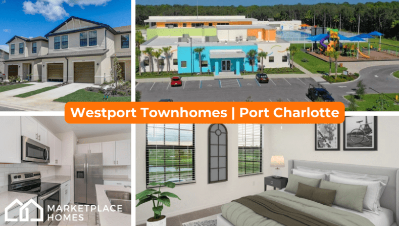 westport townhomes in port charlotte, florida. shows 4 pictures with exterior, a kitchen, bedroom, and nearby recreational area.